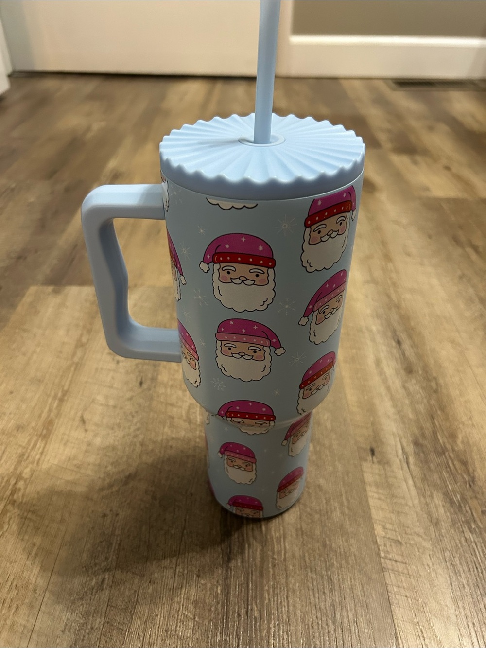 Katydid Light Blue Santa Print Travel Tumbler with Pink Accents